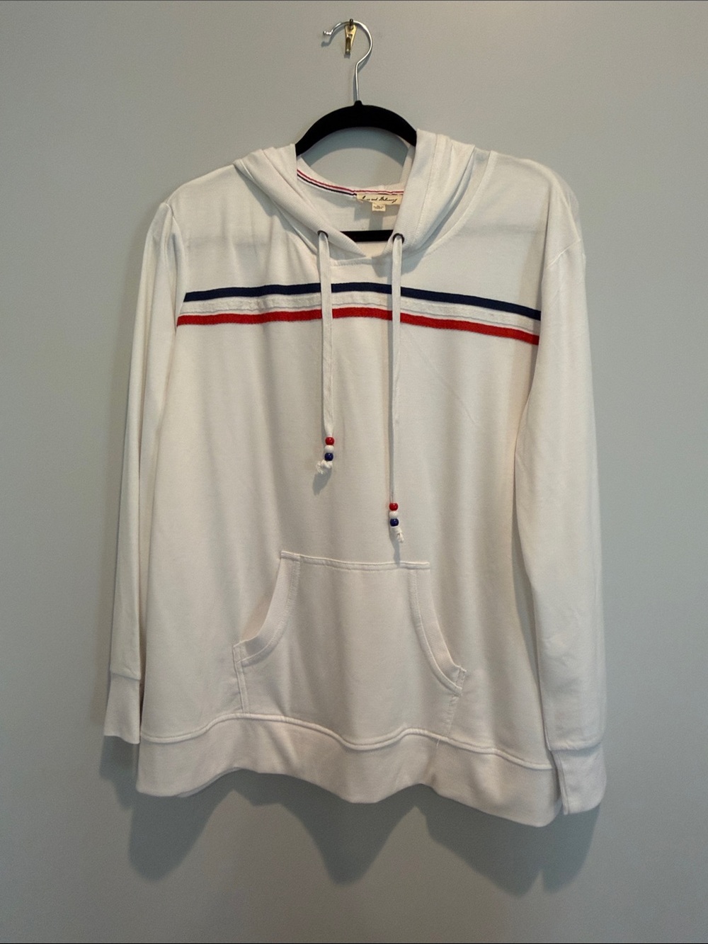 Jane and Delancey White Hoodie with Red and Navy Chest Stripes